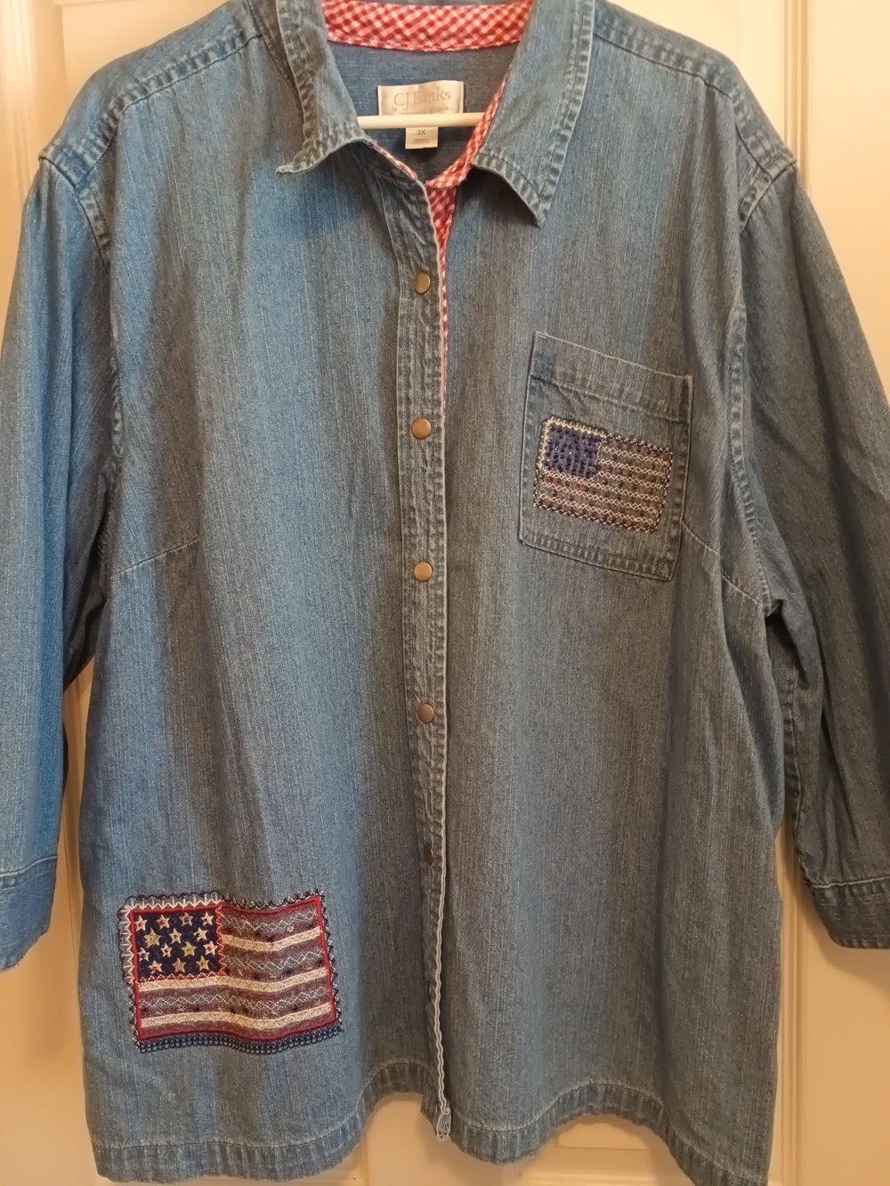CJ Banks Light Blue Denim shirt/jacket snap front closure and Red Gingham Trim